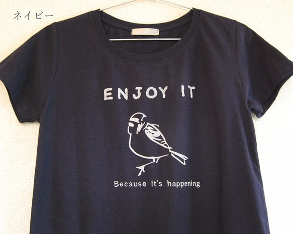 鳥Ｔシャツ　すずめ　enjoy it　ネイビー　オリジナルtシャツ　送料無料 2枚目の画像