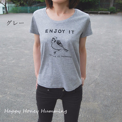 鳥Ｔシャツ　すずめ　enjoy it　グレー　オリジナルtシャツ　送料無料 1枚目の画像