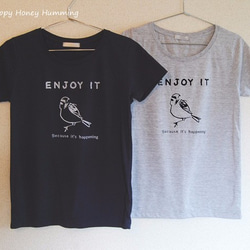 鳥Ｔシャツ　すずめ　enjoy it　グレー　オリジナルtシャツ　送料無料 3枚目の画像