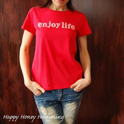 ロゴtシャツ enjoy life レッド　レディース 赤Ｔシャツ 1枚目の画像