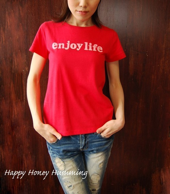 ロゴtシャツ enjoy life レッド レディース 赤Tシャツ Tシャツ Happy