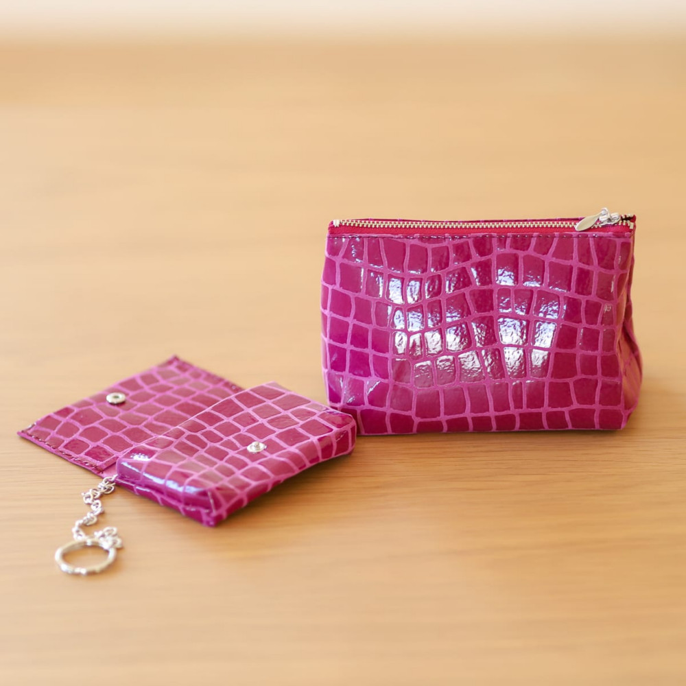 カラフルレザー化粧ポーチ＆キーケースセット【マゼンダ】