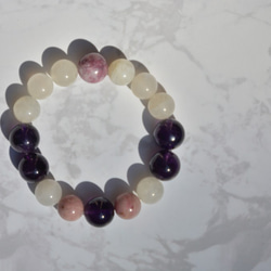 『優雅智慧女神』12mm+10mm紫水晶、月光石、電氣石、紅紋石能量寶石串珠手鍊 第2張的照片