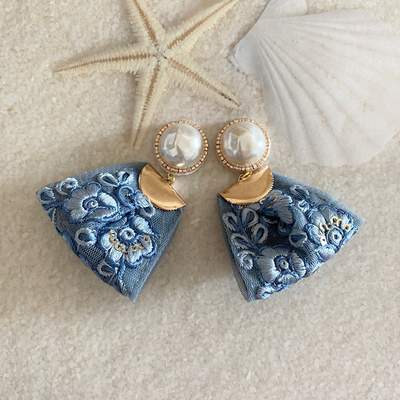 印度刺繡絲帶藍色珍珠珠刺繡手術不銹鋼耳環/耳環 第3張的照片