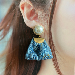 印度刺繡絲帶藍色珍珠珠刺繡手術不銹鋼耳環/耳環 第4張的照片