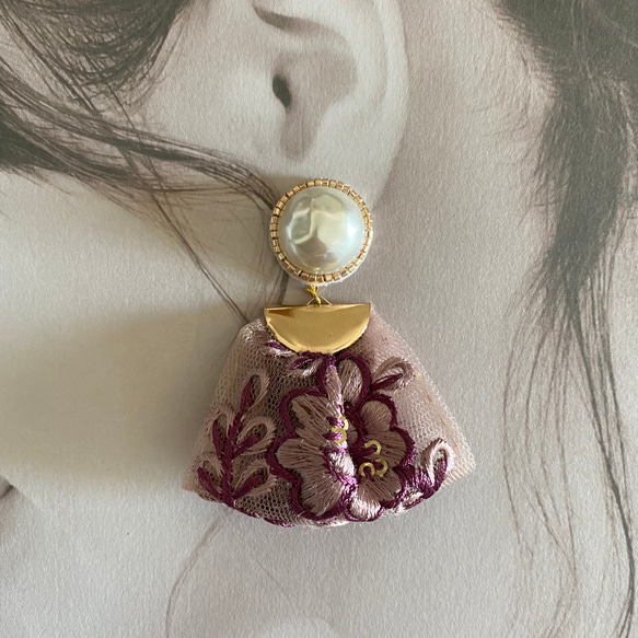 印度刺繡絲帶紫色珍珠珠刺繡手術不銹鋼耳環/耳環 第4張的照片