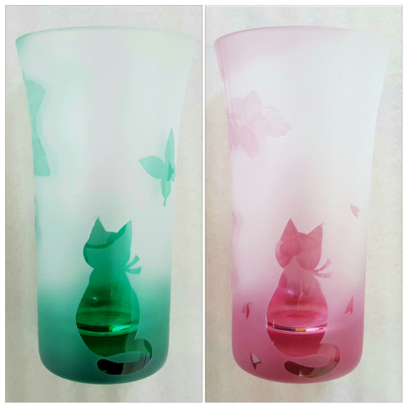 春色グラスのペアセット♡桜とアイビー♡猫 4枚目の画像