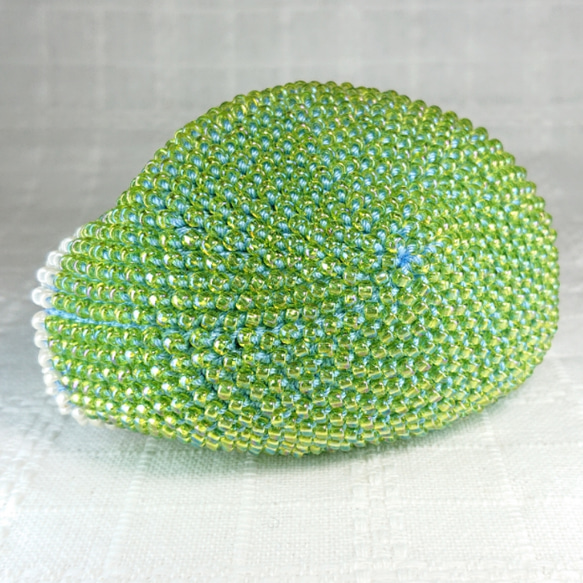 ビーズ編みがま口 青で緑と白 送料無料 3枚目の画像