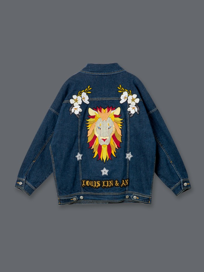 ライオン梨刺繍デニムジャケットライオン刺繍デニムジャケット