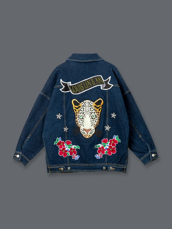 非洲菫花豹刺繡牛仔外套 Leopard  Embroidered Denim Jacket 第1張的照片