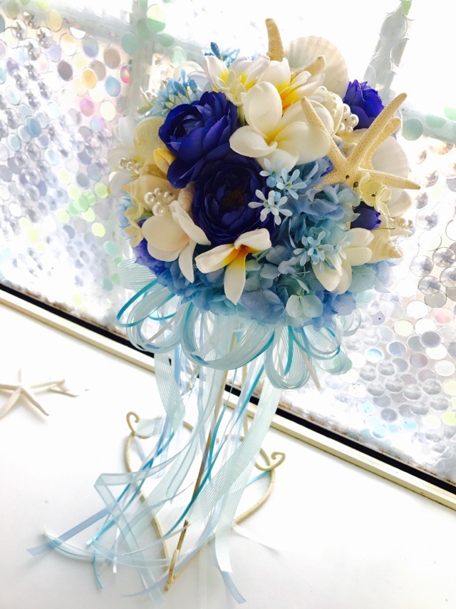 貝殻ブーケ3点セット　ブルーグラデ　ブーケ・花冠・ブートニア