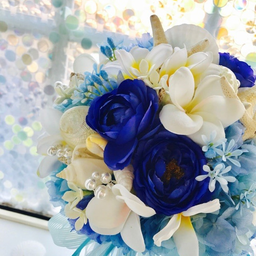 貝殻ブーケ3点セット ブルーグラデ ブーケ・花冠・ブートニア