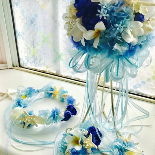 貝殻ブーケ3点セット ブルーグラデ ブーケ・花冠・ブートニア ブーケ