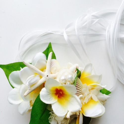 プルメリアブーケ・ブートニア・花冠・リングピロー4点セット