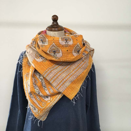 インド綿 ヴィンテージカンタ刺繍ストール マンゴイエロー ストール 