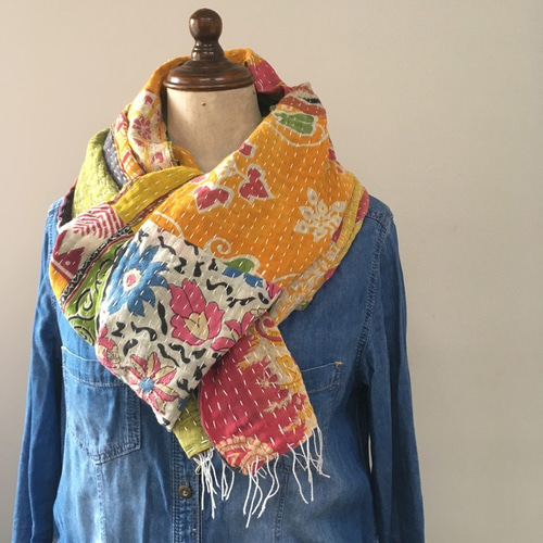 インド綿 ヴィンテージカンタ刺繍ストール MIXパッチワークxグリーン