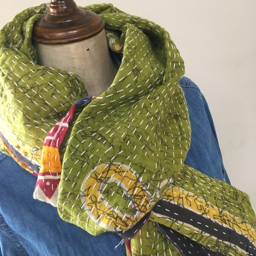 インド綿 ヴィンテージカンタ刺繍ストール MIXパッチワークx