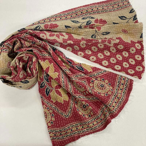 インド綿 ヴィンテージカンタ刺繍ストール レトロフラワー ストール