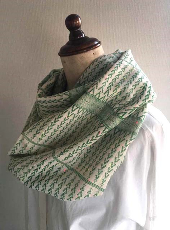 [送料無料]インドコットンのロングスヌード　グリーンアフガンボーダー 春夏の装いに 1枚目の画像