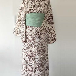 楽々二部式浴衣  白地ｘ茶色ペーズリー柄 5枚目の画像