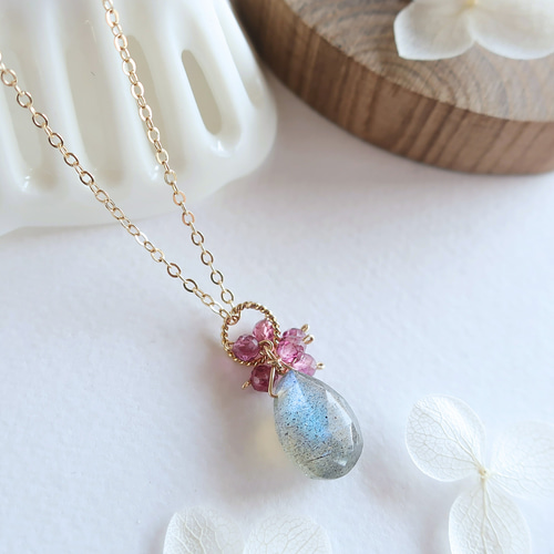 ◇14kgfネックレス～ラブラドライトAAAペアシェイプカット ネックレス