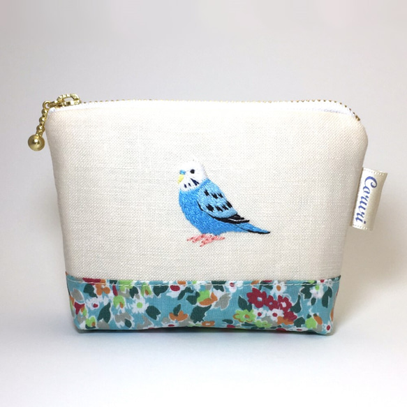 あると便利なサイズの　ノーマル　セキセイインコ　の刺繍ミニポーチ あると便利なサイズの ノーマル セキセイインコ の刺繍