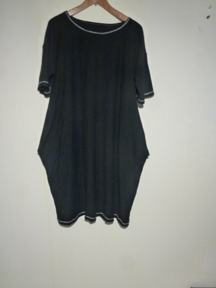天竺半袖ポケット遊びカットソーワンピース　黒L