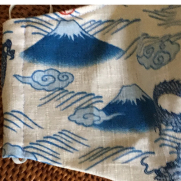 冷感生地使用夏用立体マスク　和柄富士山柄布帛オフ青系Ｌ 4枚目の画像