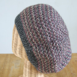 ★クリアランスセール★かのこ編みのベレー帽(ふんわりマッシュルーム型)　3色ストライプ 2枚目の画像