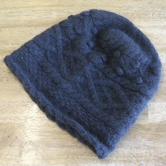 ★クリアランスセール★NZポッサム・メリノ・シルク　なわ編み帽（ラウンドボックス型）　チャコールグレー 5枚目の画像
