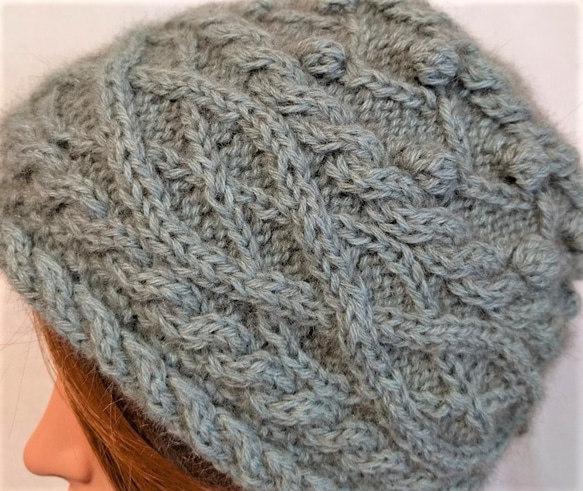 ともさん専用　受注制作　NZポッサム・メリノなわ編み帽（ラウンドボックス型）ミディアムブルー 6枚目の画像