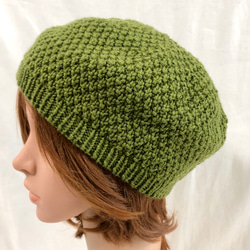 かのこ編みのベレー帽 　NZメリノ100％　グリーン 1枚目の画像