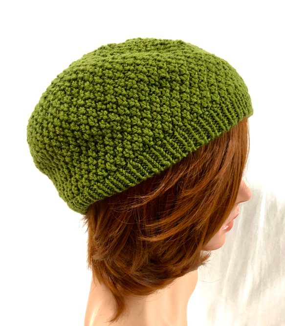 かのこ編みのベレー帽 　NZメリノ100％　グリーン 2枚目の画像