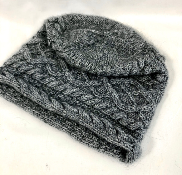 ★クリアランスセール★NZポッサム・メリノ　なわ編み帽（ラウンドボックス型）　杢グレー 4枚目の画像