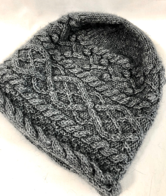 ★クリアランスセール★NZポッサム・メリノ　なわ編み帽（ラウンドボックス型）　杢グレー 5枚目の画像