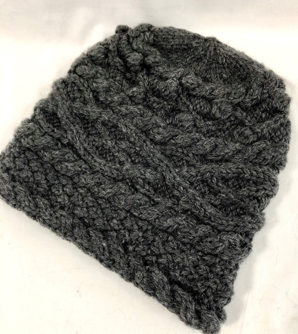 ★クリアランスセール★なわ編み帽（ラウンドボックス型）メリノウール　チャコールグレー 4枚目の画像
