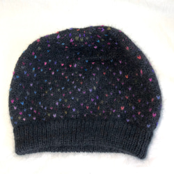 NZポッサム・メリノ・シルク　編み込み帽　ブラック×手染めマルチカラー 4枚目の画像