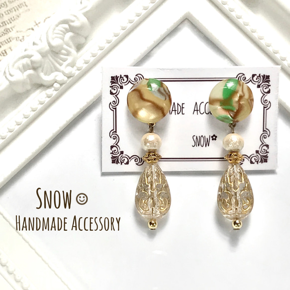 グリーンマーブルのアンティーク大ぶりピアス／イヤリング ピアス  