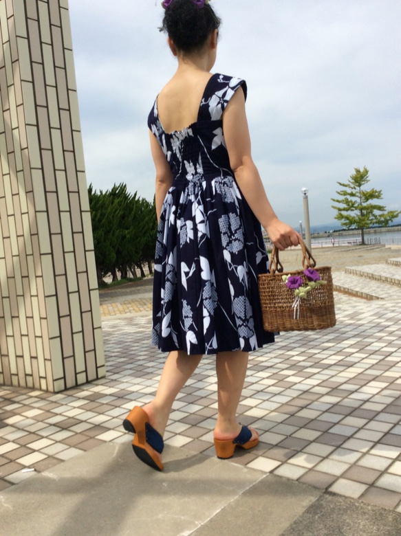 浴衣地のワンピース&ボレロ  朝顔の柄(紺地) 3枚目の画像