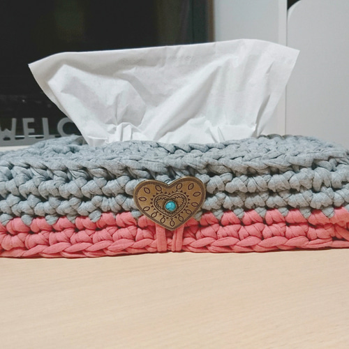 再販《グレー×くすみピンク》Tシャツヤーンのティッシュケース  