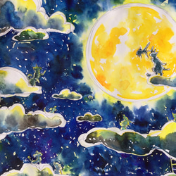 オリジナルイラスト　夜空　月　宇宙　水彩画　ポーチ 8枚目の画像