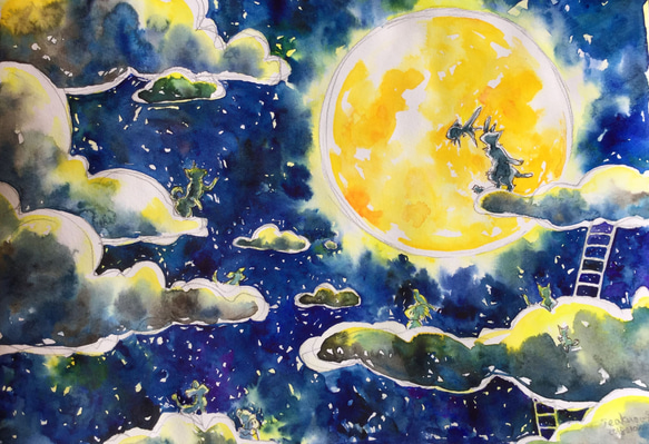 オリジナルイラスト　夜空　月　宇宙　水彩画　ポーチ 8枚目の画像