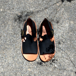 テクスチャサンダルWenqingアフタヌーンティーパーティークレイジーホーススキン植物の日焼けした皮革牛革の靴手作りの靴黒 2枚目の画像