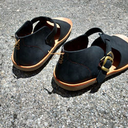 テクスチャサンダルWenqingアフタヌーンティーパーティークレイジーホーススキン植物の日焼けした皮革牛革の靴手作りの靴黒 5枚目の画像