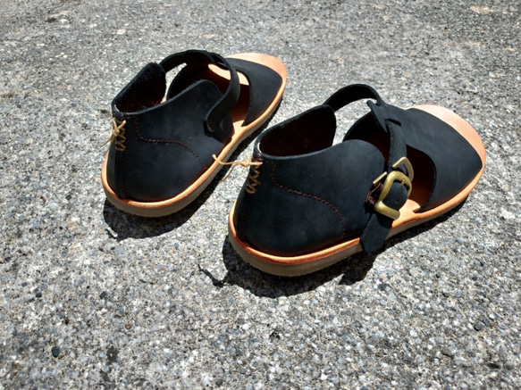 テクスチャサンダルWenqingアフタヌーンティーパーティークレイジーホーススキン植物の日焼けした皮革牛革の靴手作りの靴黒 5枚目の画像