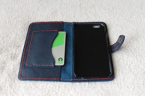 牛革シュリンク ネイビー　iphone6Plus 6sPlus 7プラス 8プラス 手帳型ケース 2枚目の画像
