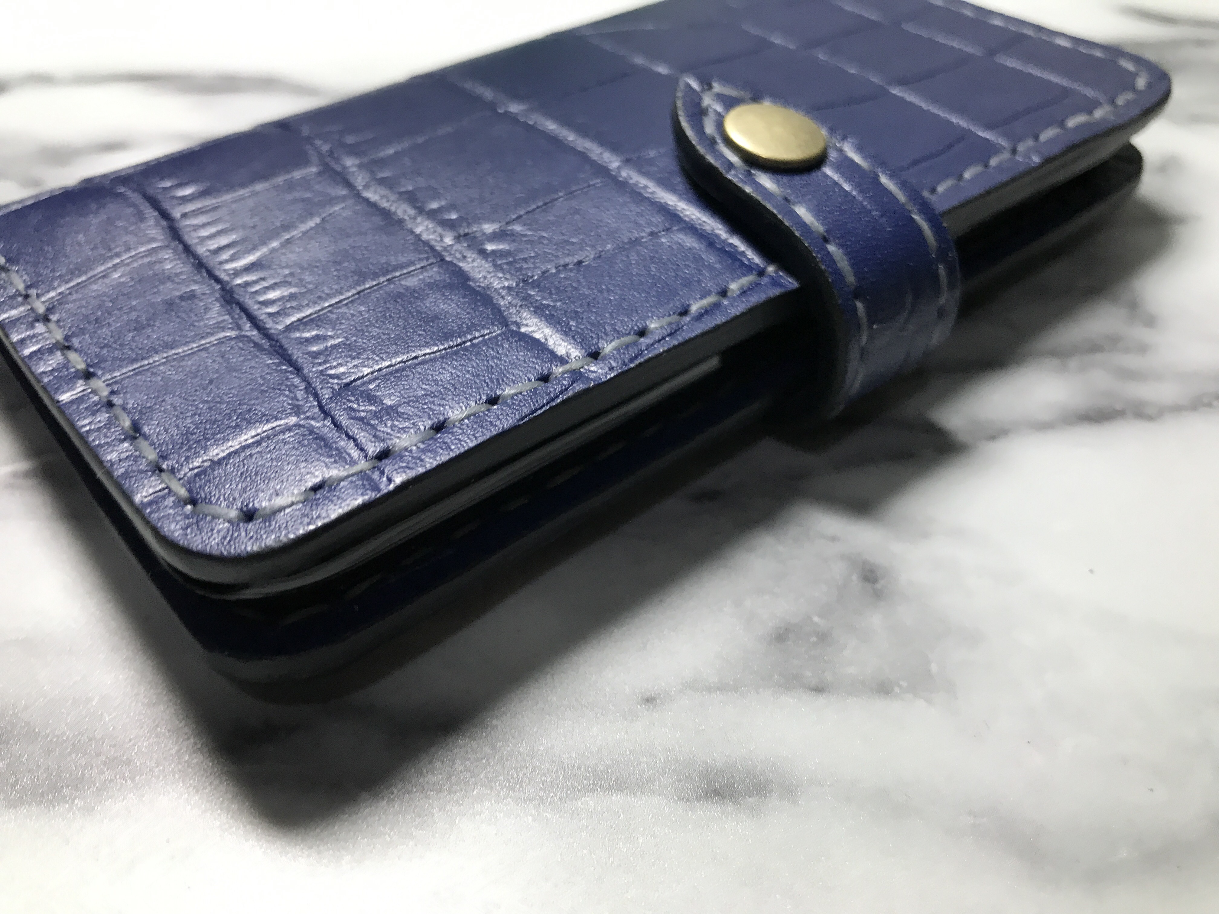 本革 クロコ柄 ネイビー iPhone全機種　android 手帳型ケース