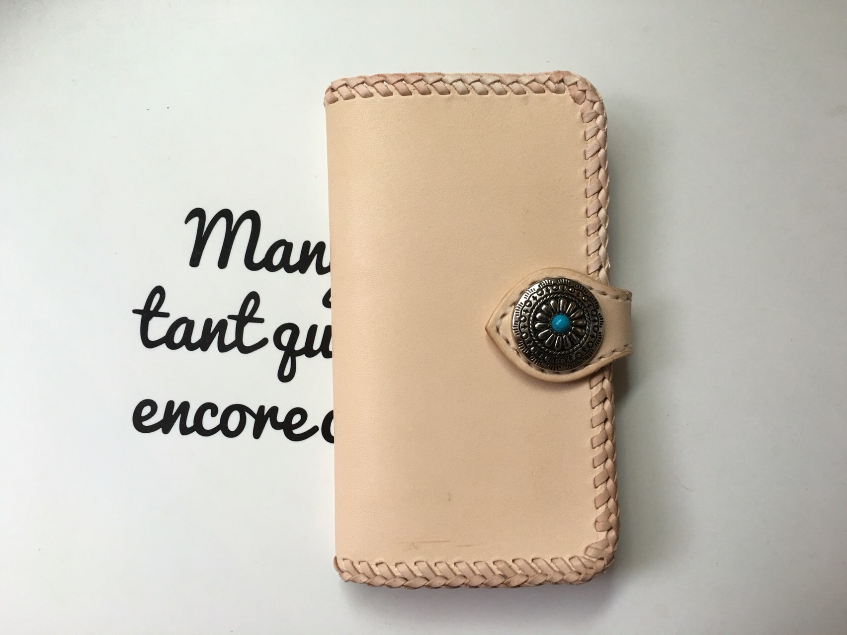 GALAXY XPERIA 手帳型ケース ヌメ革 コンチョ ナチュラル レース