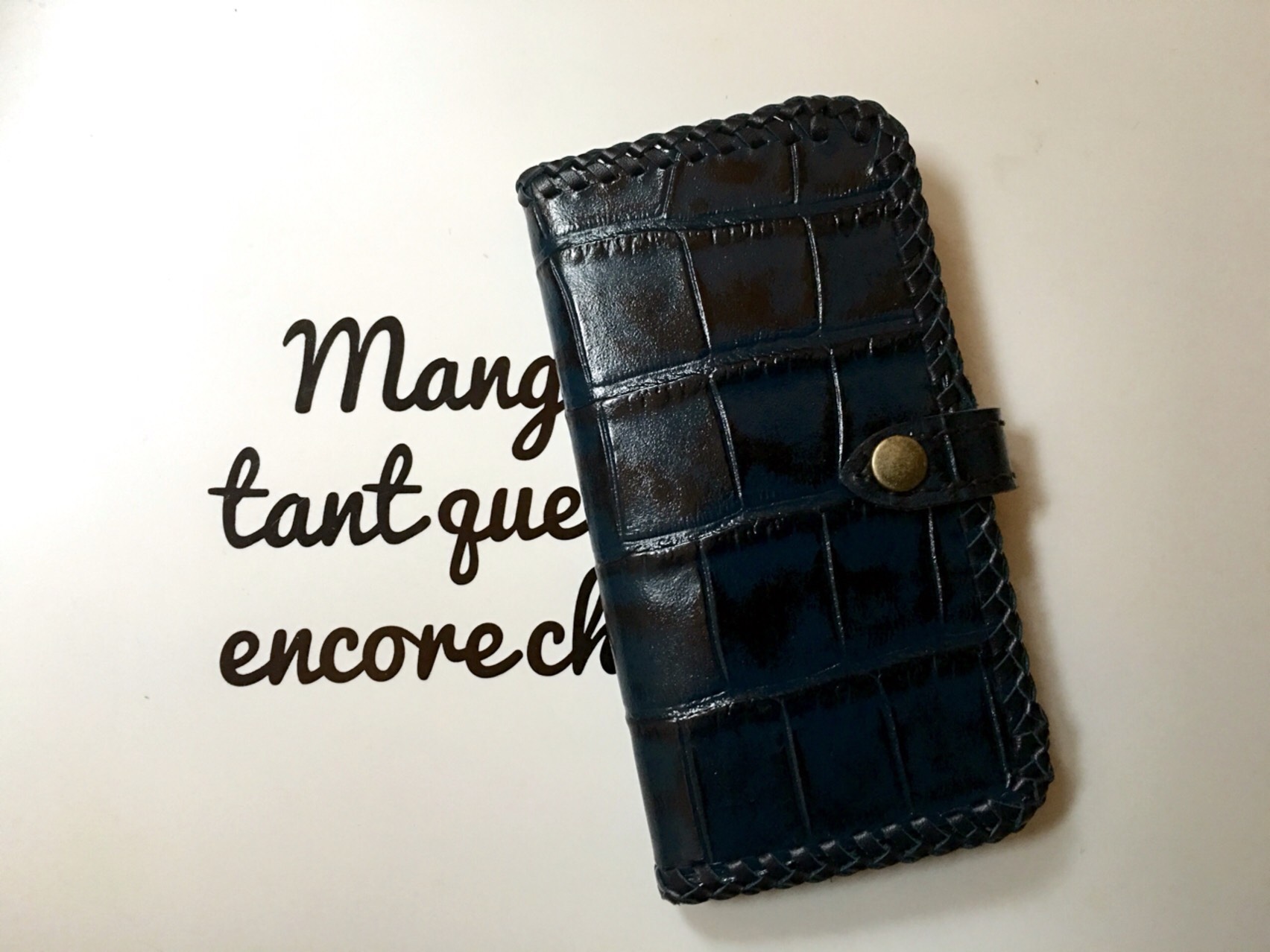 本革 クロコ柄　iPhone android 手帳型ケース　ネイビー