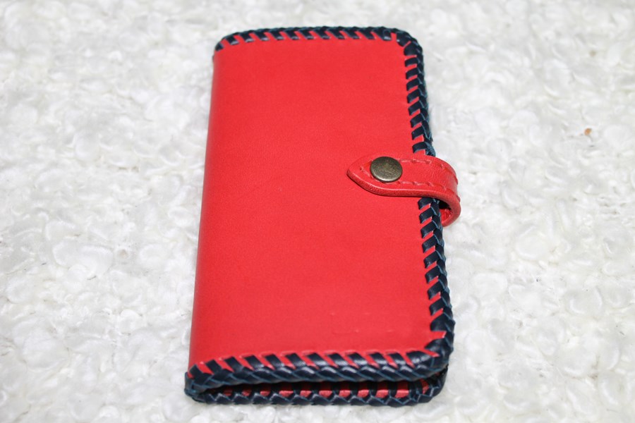 iPhone 全機種対応　android  ヌメ革 レッド ネイビーレース 手帳型ケース
